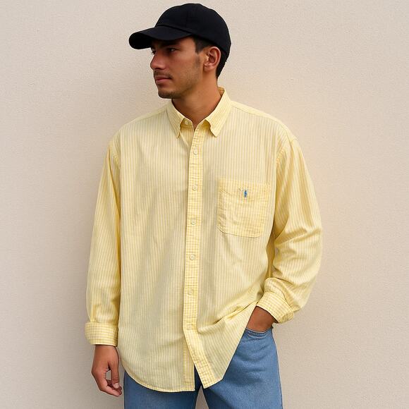 Vintage Ralph Lauren Big Shirt Yellow Stripe Cotton Button Down L - Picture 1 of 12